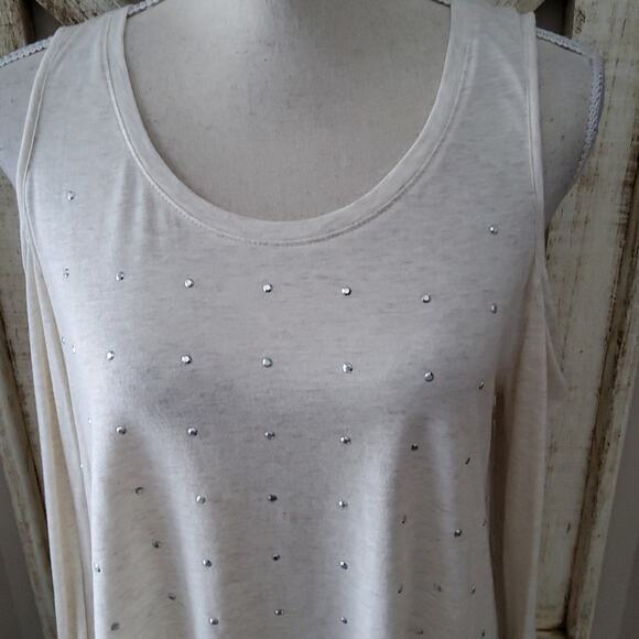 a.n.a. Women's Long Sleeve Asymmetric Cold Shoulder Rhinestone T-Shirt Tee - Picture 3 of 5